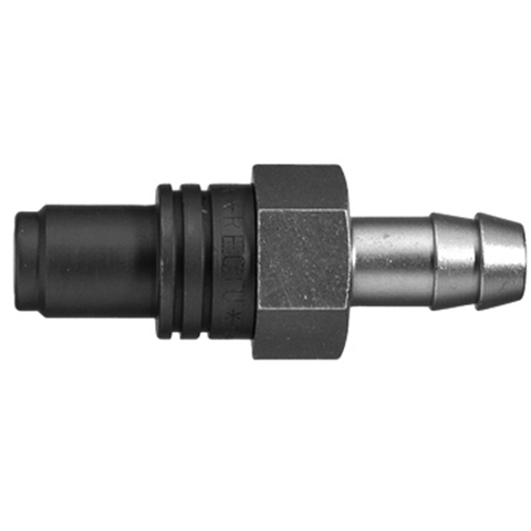 48310080 Nipple - Dry Break - Hose Barb Double shut-off nipple with flatsealing or dry-break system for leak-free design. (KL series). On the coupling and plug, our leak-free coupling systems have valves that build up no dead-space volume. As such, when the connection is broken, no drops of the medium being channelled are able to escape. This variant is especially suitable for transporting aggressive media or in sensitive environments like in cleanrooms.